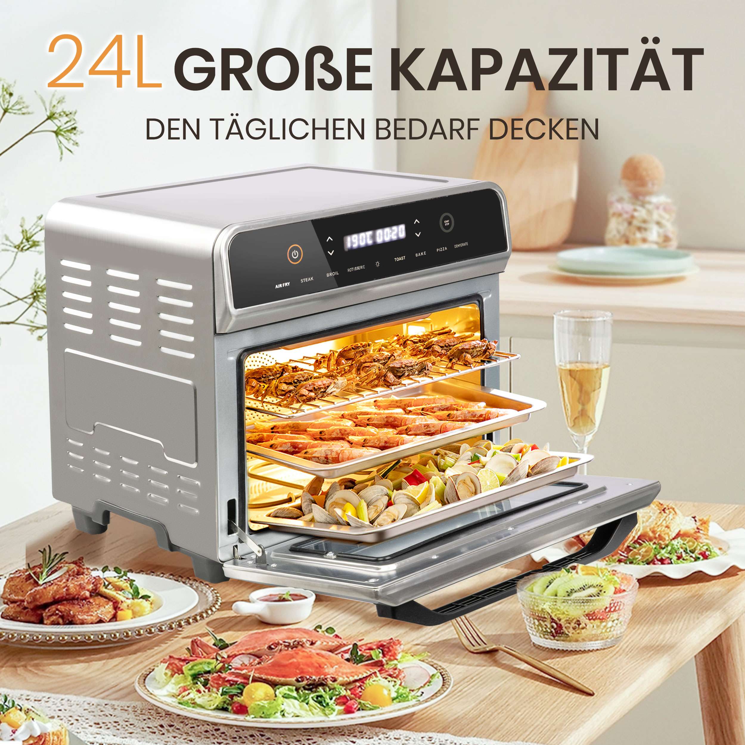 Heißluftfritteuse 02AF Pro Air fryer 21L für 8-10 Personen, LED-Touchscreen mit 8 Kochprogramen, sichtbarer Miniofen