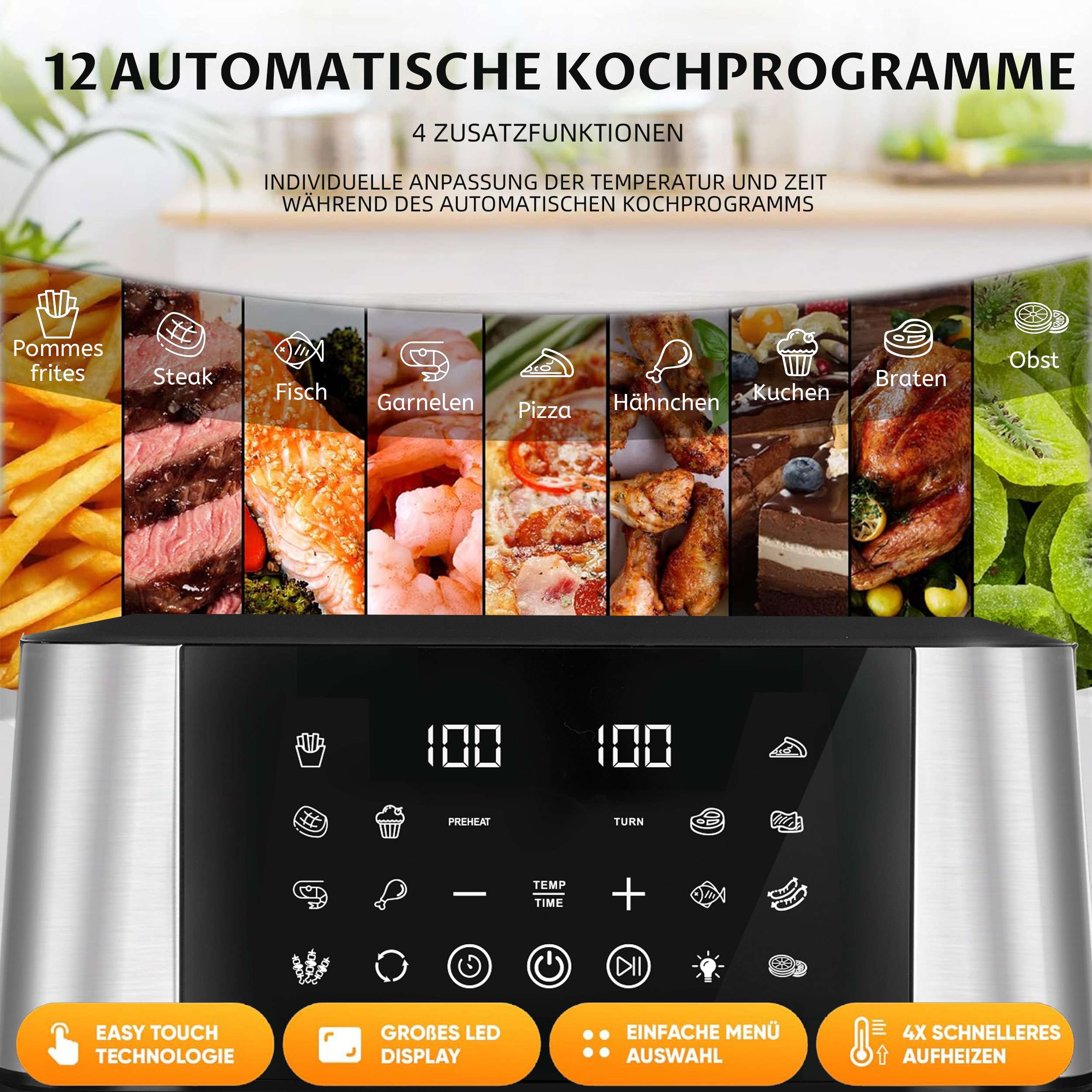 Minibackofen K-1280, Airfryer 12L, XXL Heißluftfritteuse für ganze Familien, Mini Backofen 2000,00 W, 12 Kochprogramme, Gesunde Friteuse ohne Öl