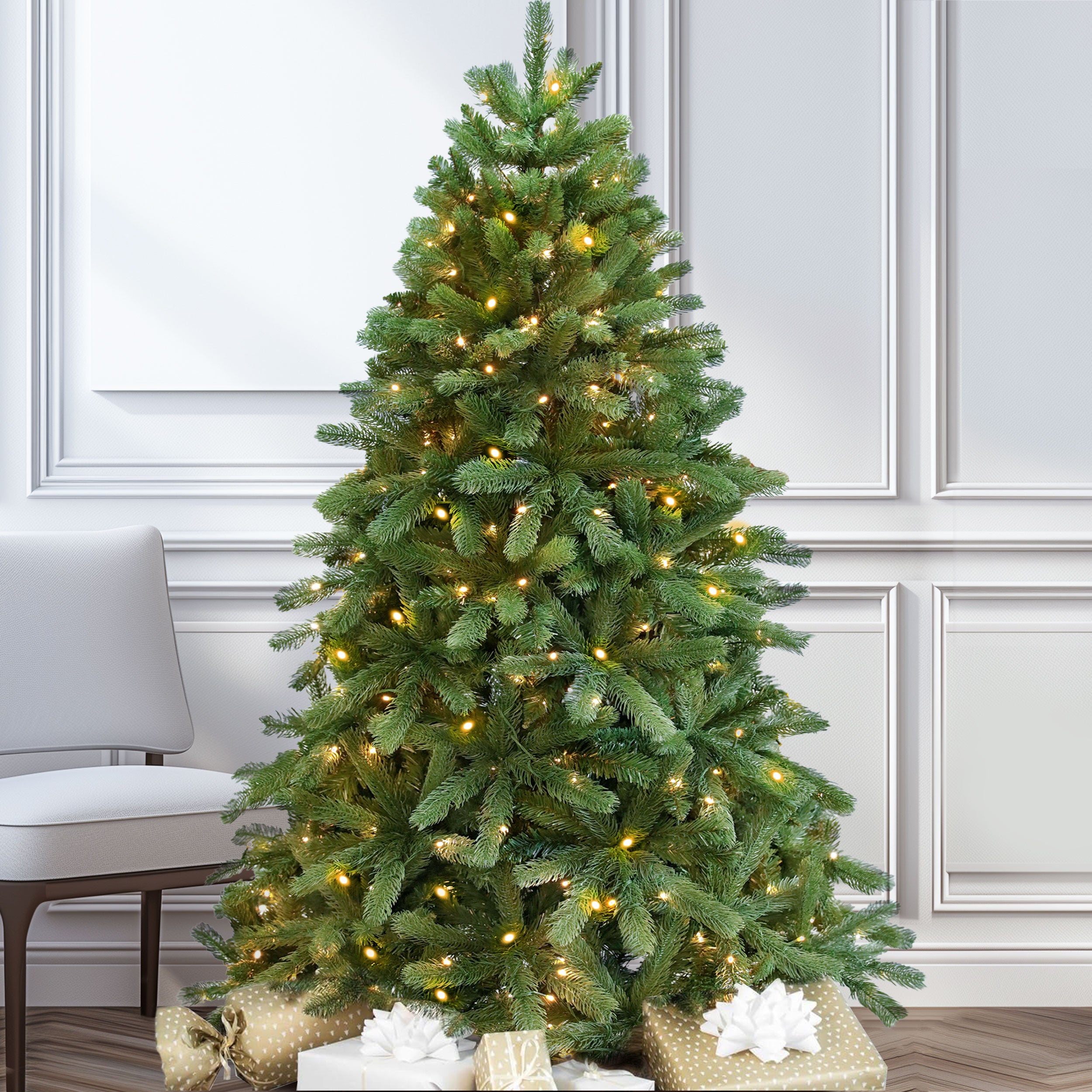 Künstlicher Weinachtsbaum LED Tannenbaum, PVC+PE mit 1180 Spitzen und 360 Warm-Weißen LED, 180cm und robuster Holzständer