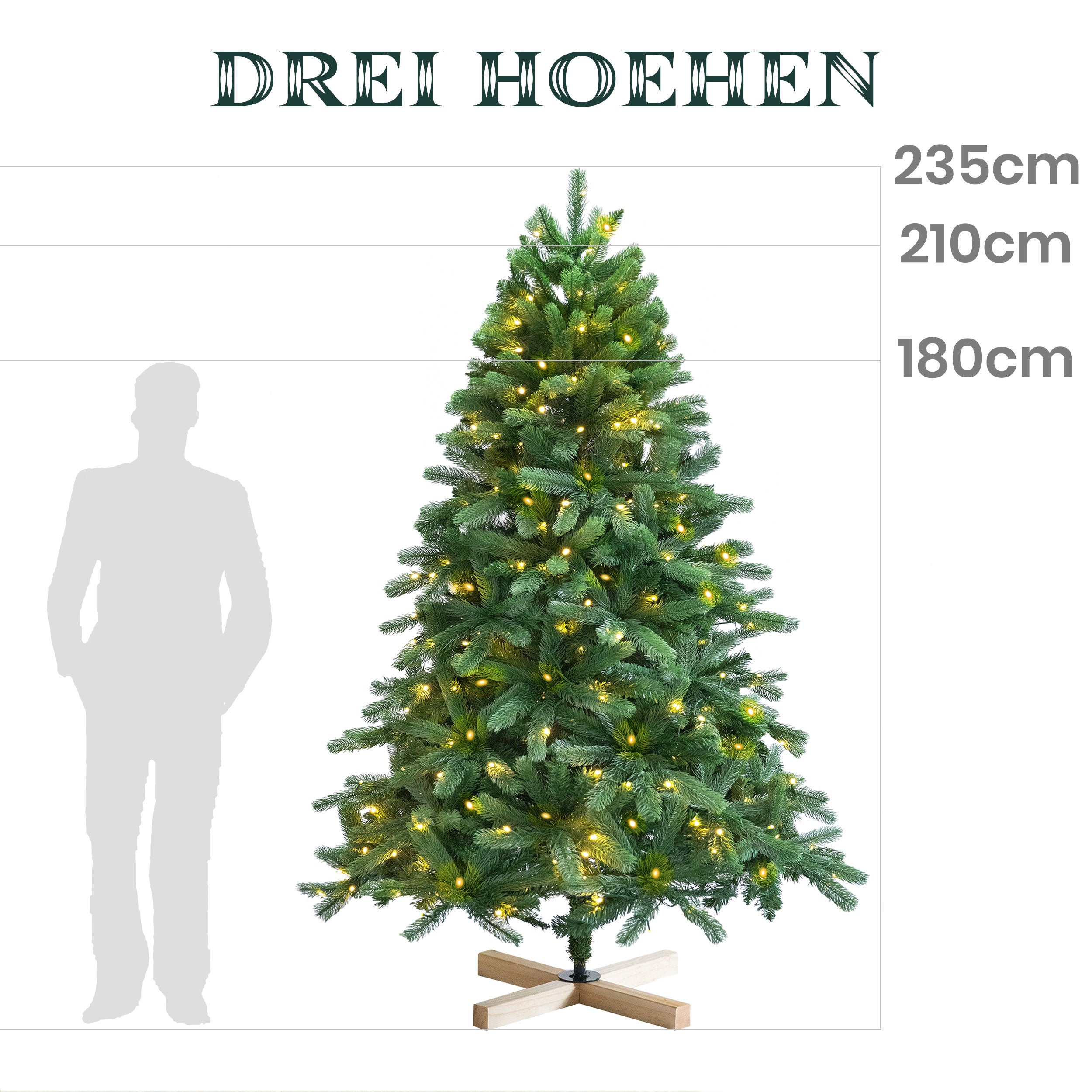 Artificial Christmas tree LED Christmas tree, PVC+PE with 1180 tips and 360 warm white LEDs, 180cm and robust wooden stand