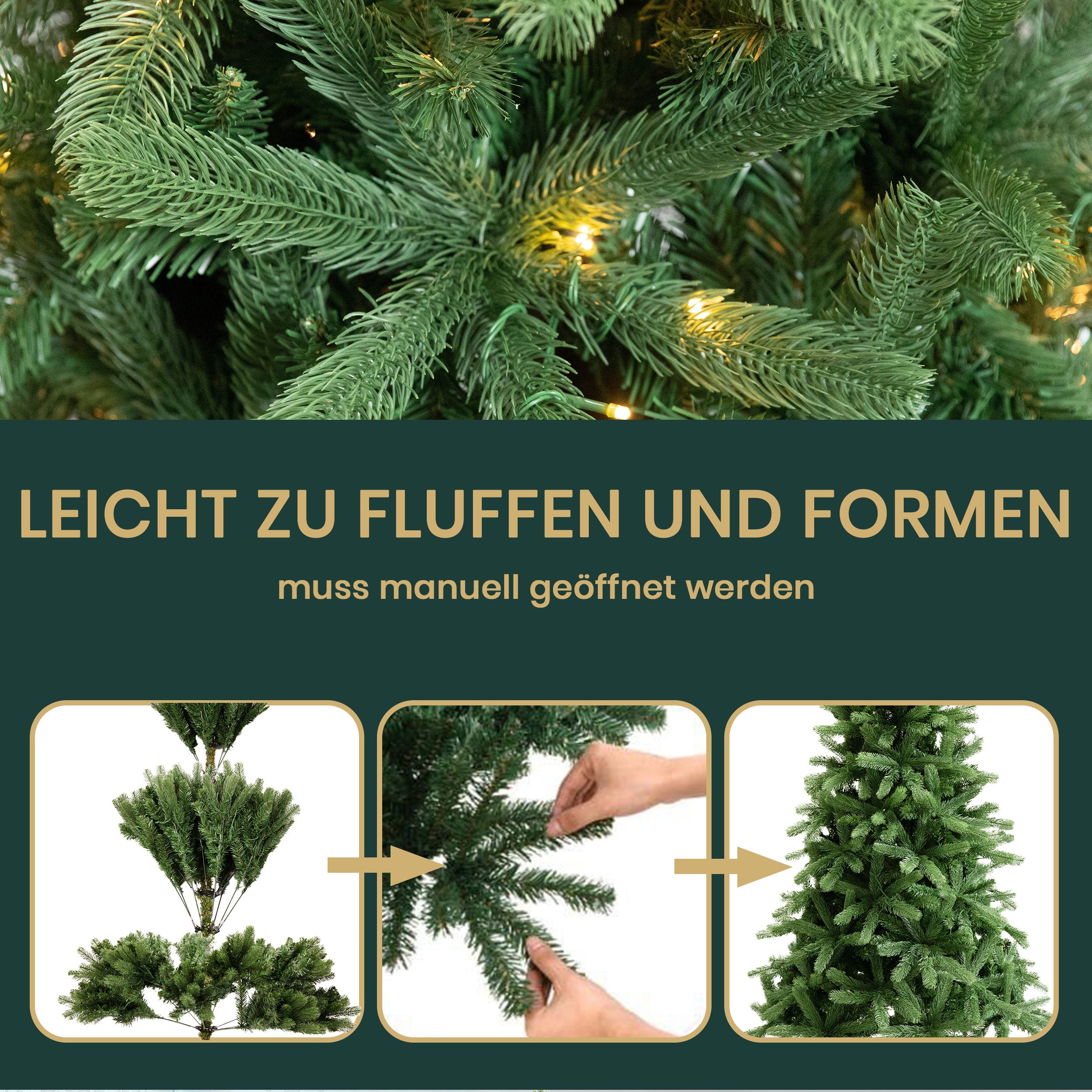 Künstlicher Weinachtsbaum LED Tannenbaum, PVC+PE mit 1180 Spitzen und 360 Warm-Weißen LED, 180cm und robuster Holzständer