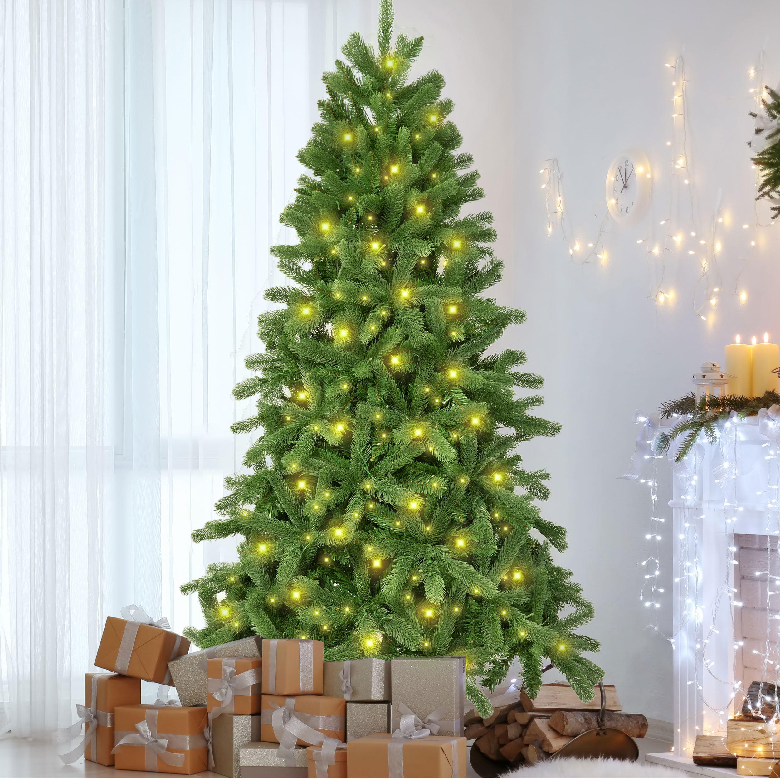 Künstlicher Weinachtsbaum LED Tannenbaum, PVC+PE mit 1180 Spitzen und 360 Warm-Weißen LED, 180cm und robuster Holzständer