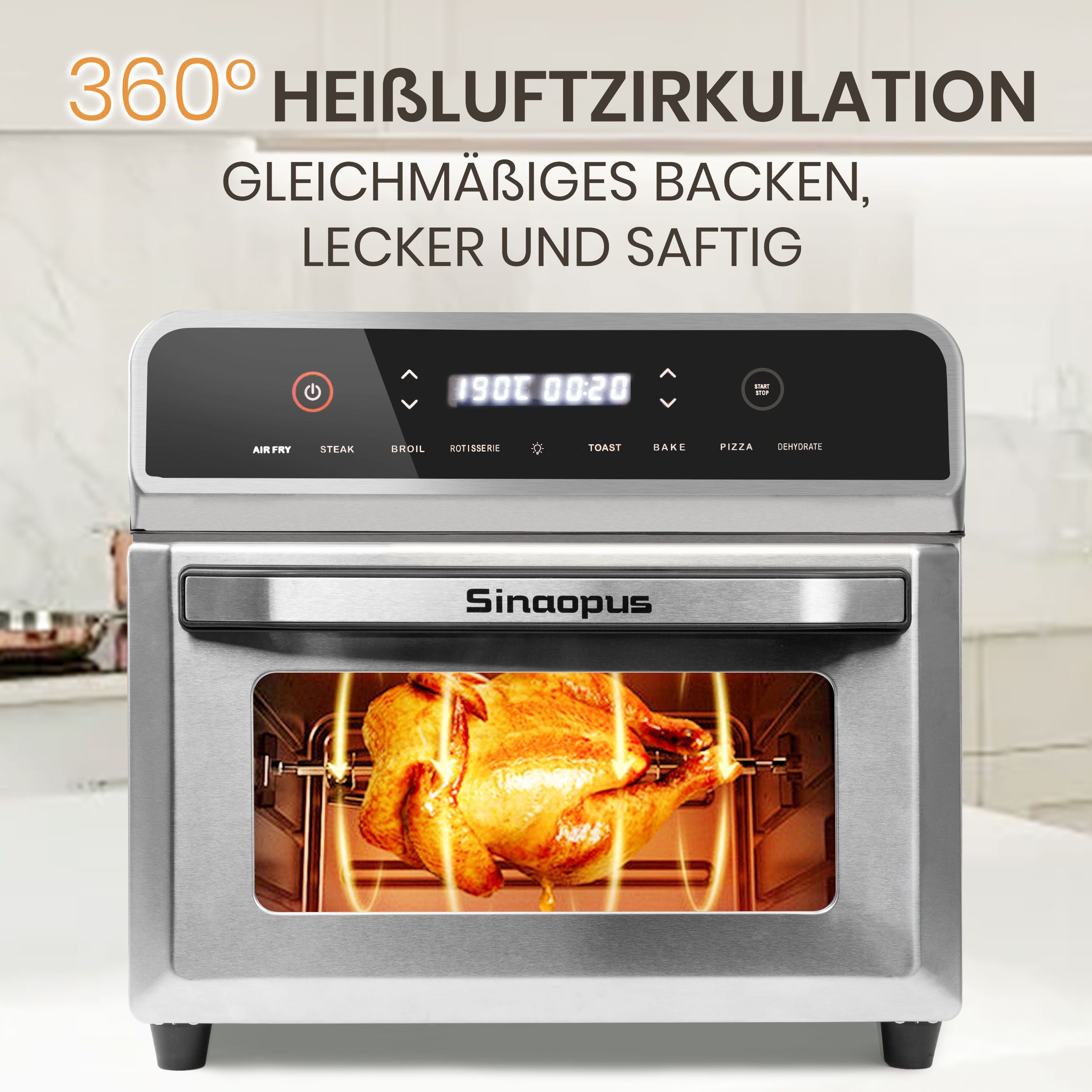 Heißluftfritteuse 02AF Pro Air fryer 21L für 8-10 Personen, LED-Touchscreen mit 8 Kochprogramen, sichtbarer Miniofen