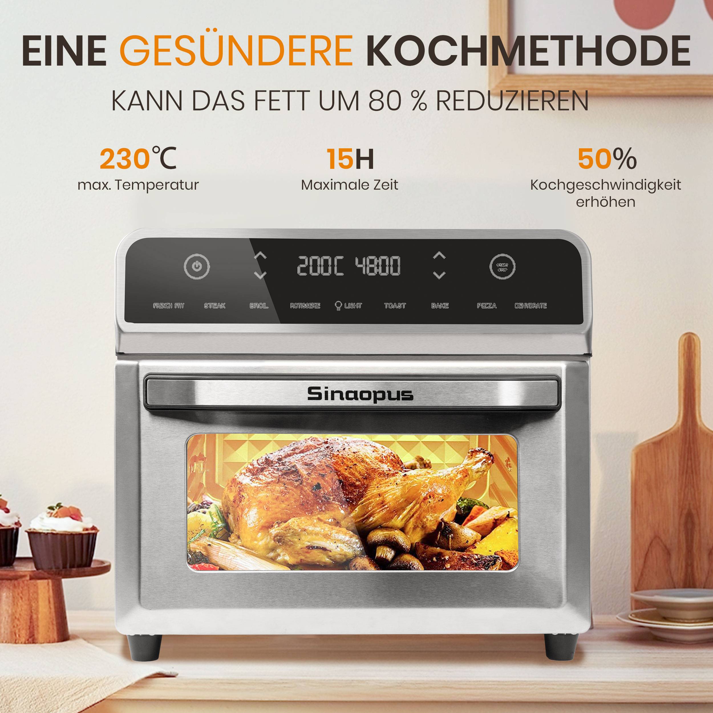 Heißluftfritteuse 02AF Pro Air fryer 21L für 8-10 Personen, LED-Touchscreen mit 8 Kochprogramen, sichtbarer Miniofen