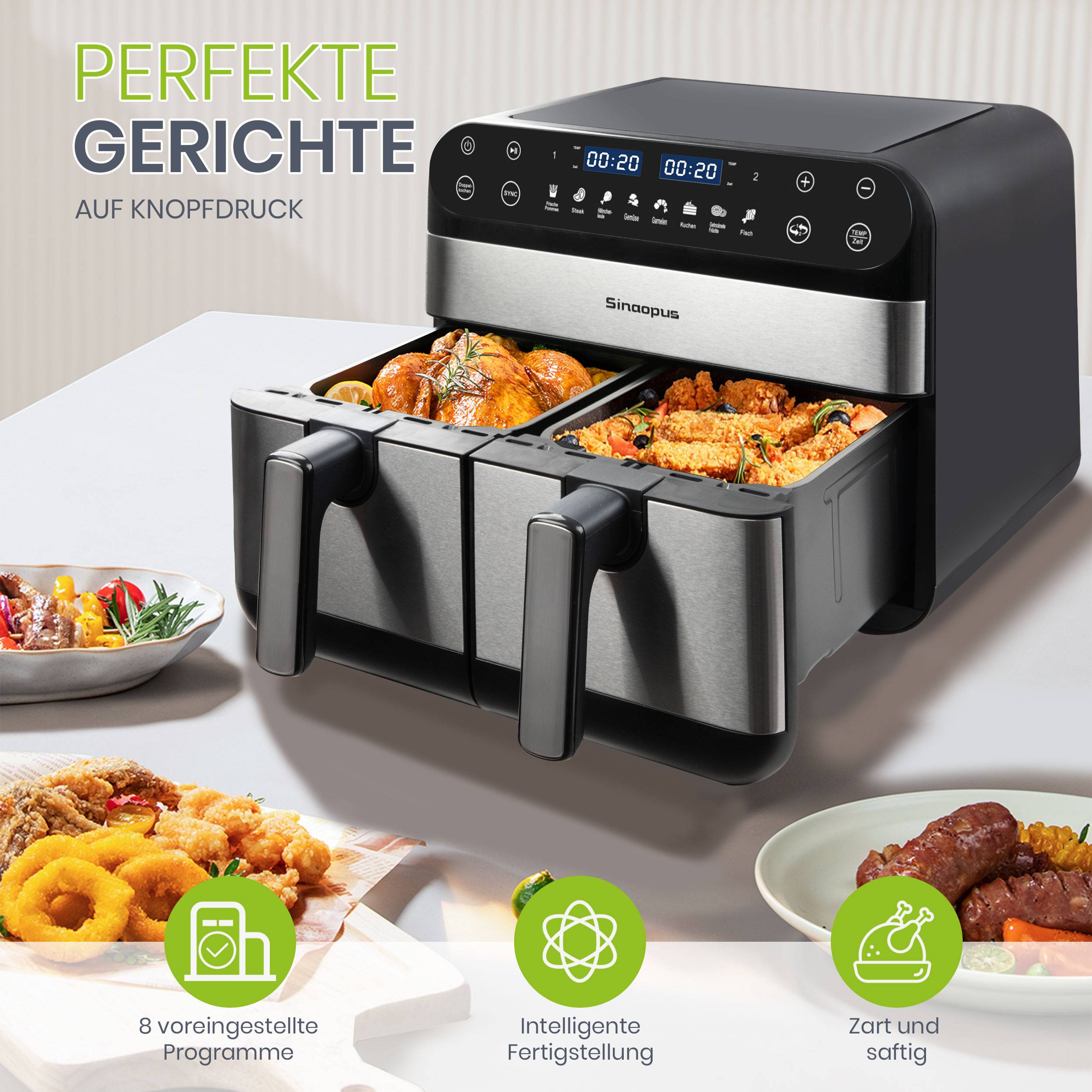 Airfryer 2400W Doppelkorb Heißluftfritteuse, 10L großer Fassungsvermögen, leistungsstark und effizient, ideal für ganze Familie