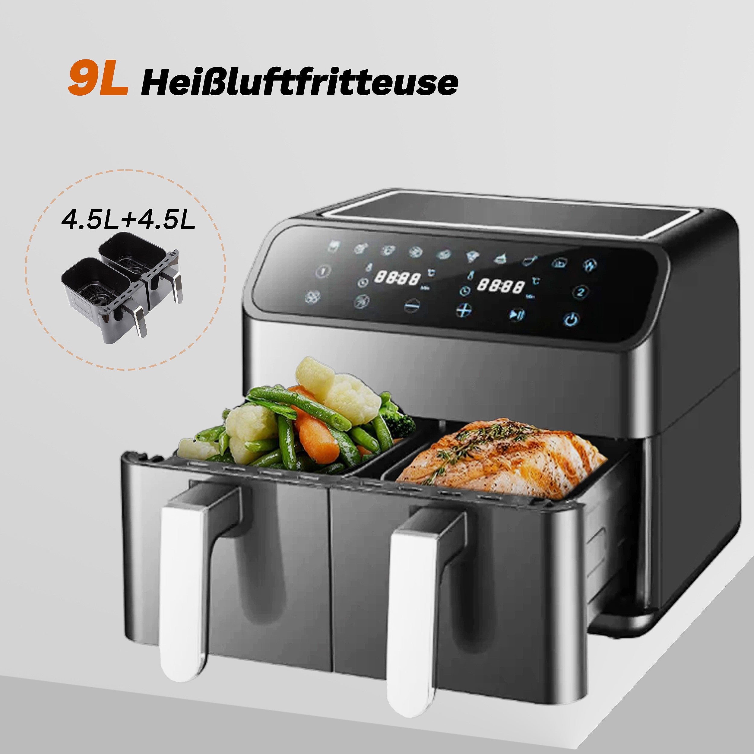 Multifunktionaler Touchscreen Airfryer mit Doppelkorb-Design – 9L XXL Kapazität für vielseitige, effiziente Rezepte!