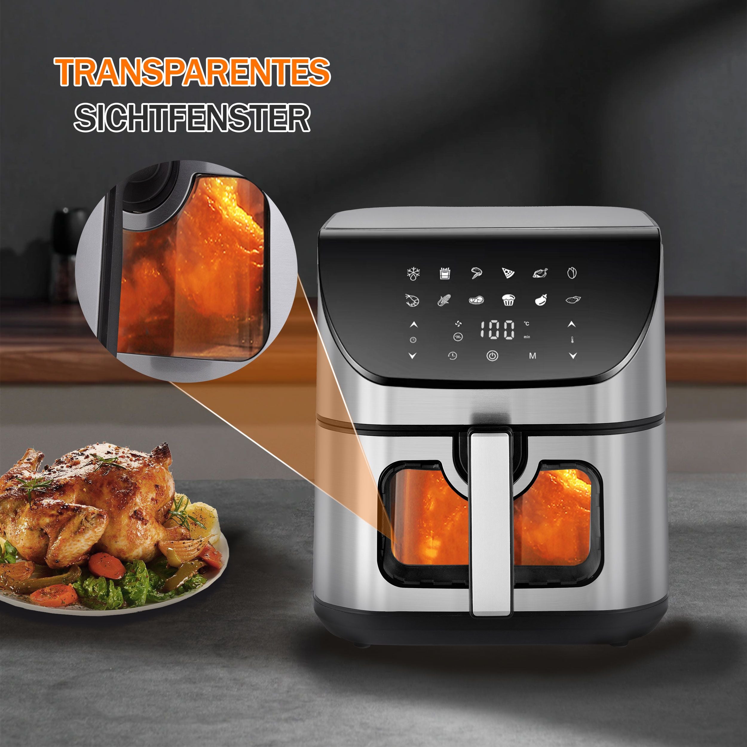 Heißluftfritteuse 8.5L Air fryer, Heißluftfritteuse mit großem Fassungsvermögen 1800,00 W, gesundes Kochen mit weniger Öl, 80-200°, digitales Display