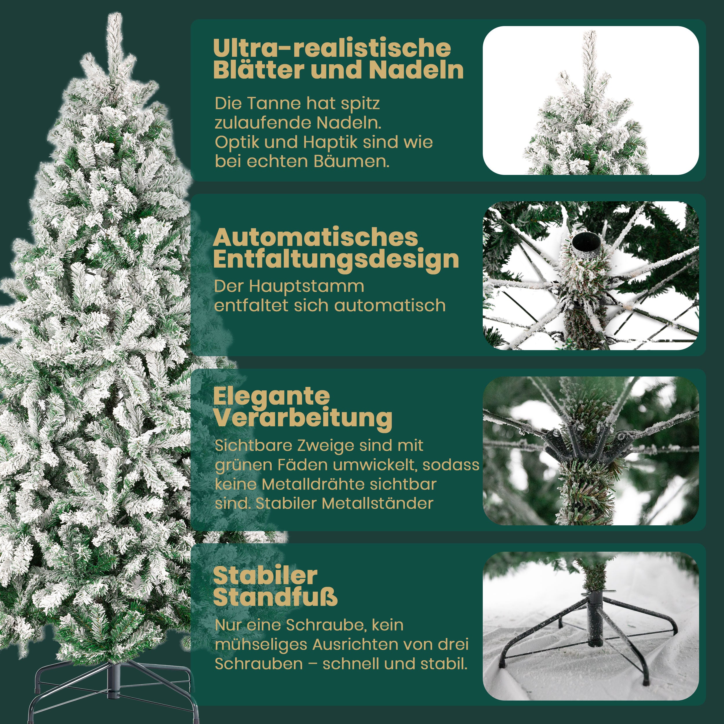 Schneebaum künstlicher Weihnachtsbaum, 100% PVC Christbaum mit 1190 Spitzen, 180 cm Metallständer