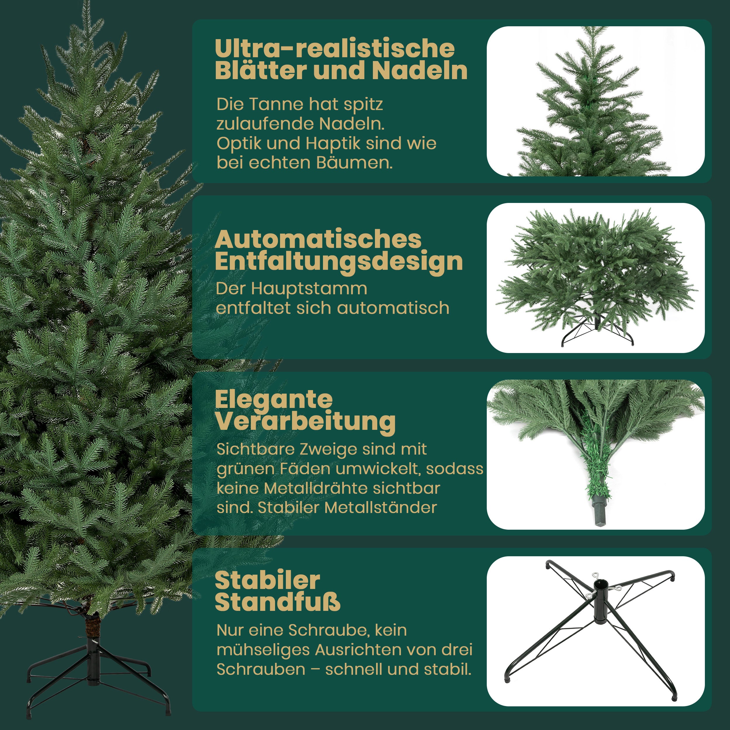 Hochwertiger Künstlicher Weihnachtsbaum aus 100% PE, 180/210cm Christbaum mit Metallständer, kein Blattverlust, leicht zu pflegen, für Indoor und Outdoor