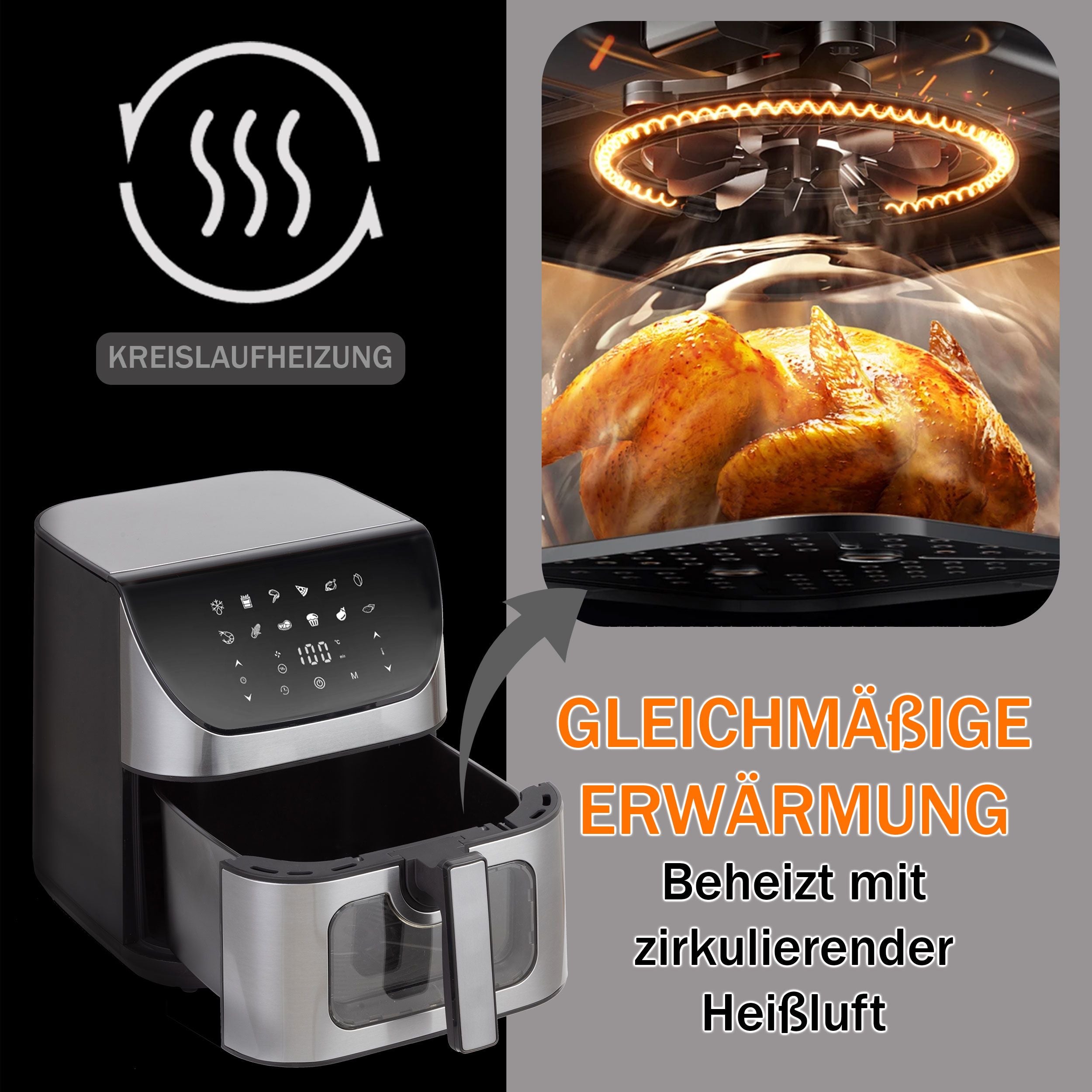 Heißluftfritteuse 8.5L Air fryer, Heißluftfritteuse mit großem Fassungsvermögen 1800,00 W, gesundes Kochen mit weniger Öl, 80-200°, digitales Display