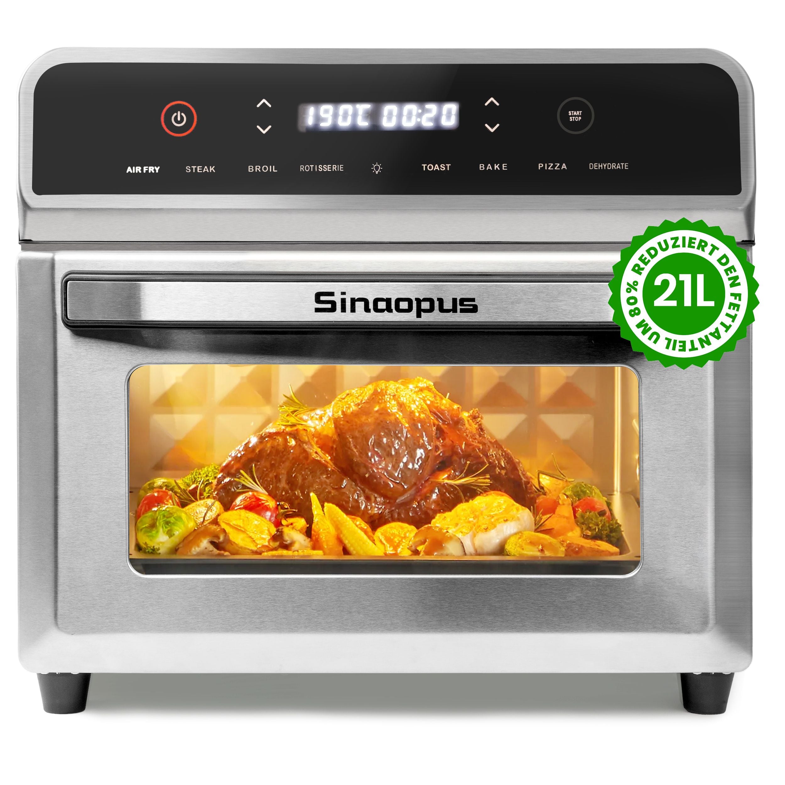 Heißluftfritteuse 02AF Pro Air fryer 21L für 8-10 Personen, LED-Touchscreen mit 8 Kochprogramen, sichtbarer Miniofen