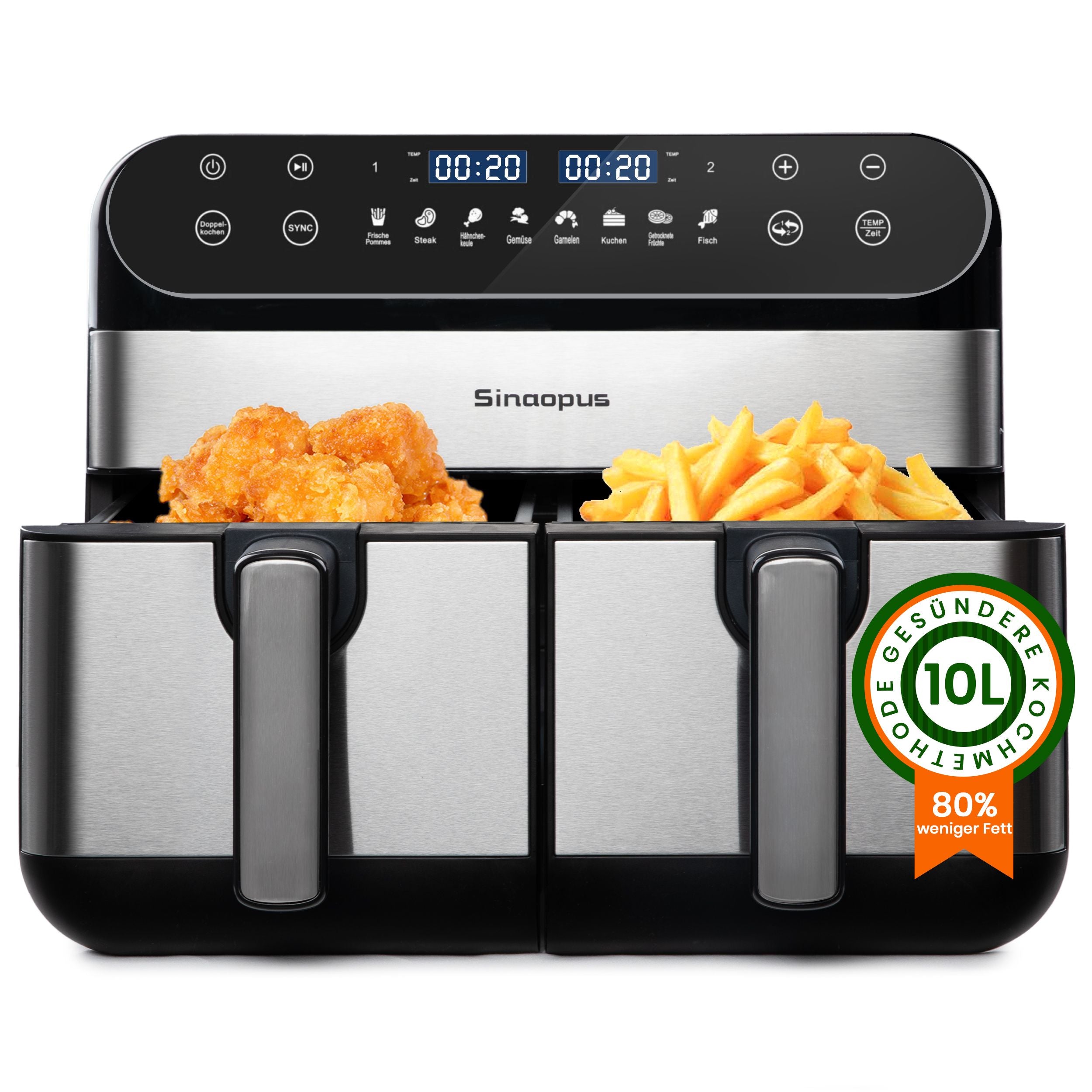 Airfryer 2400W Doppelkorb Heißluftfritteuse, 10L großer Fassungsvermögen, leistungsstark und effizient, ideal für ganze Familie