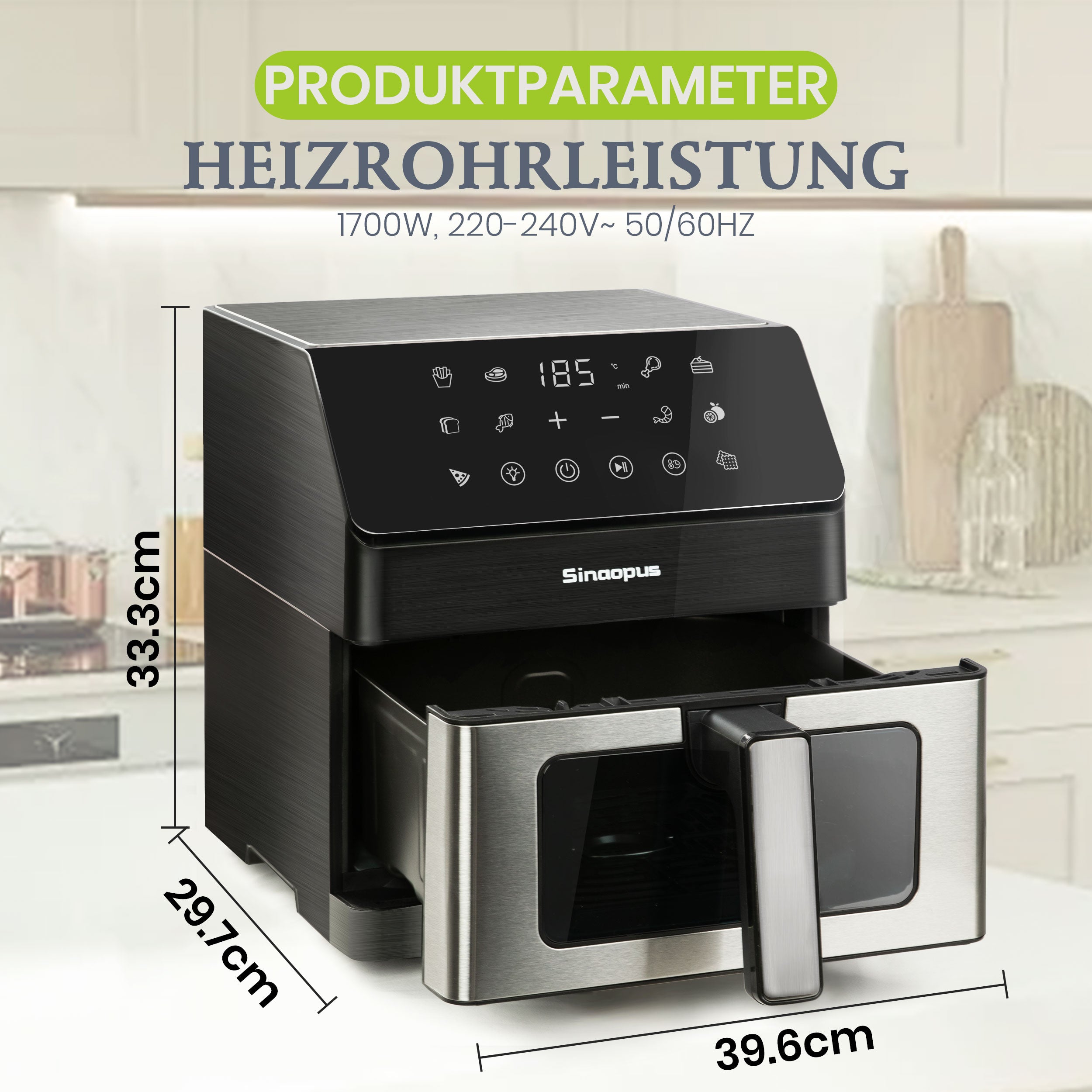 Heißluftfritteuse XL 7L Air Fryer mit Sichtfenster, 10 Programme, LED Touchscreen