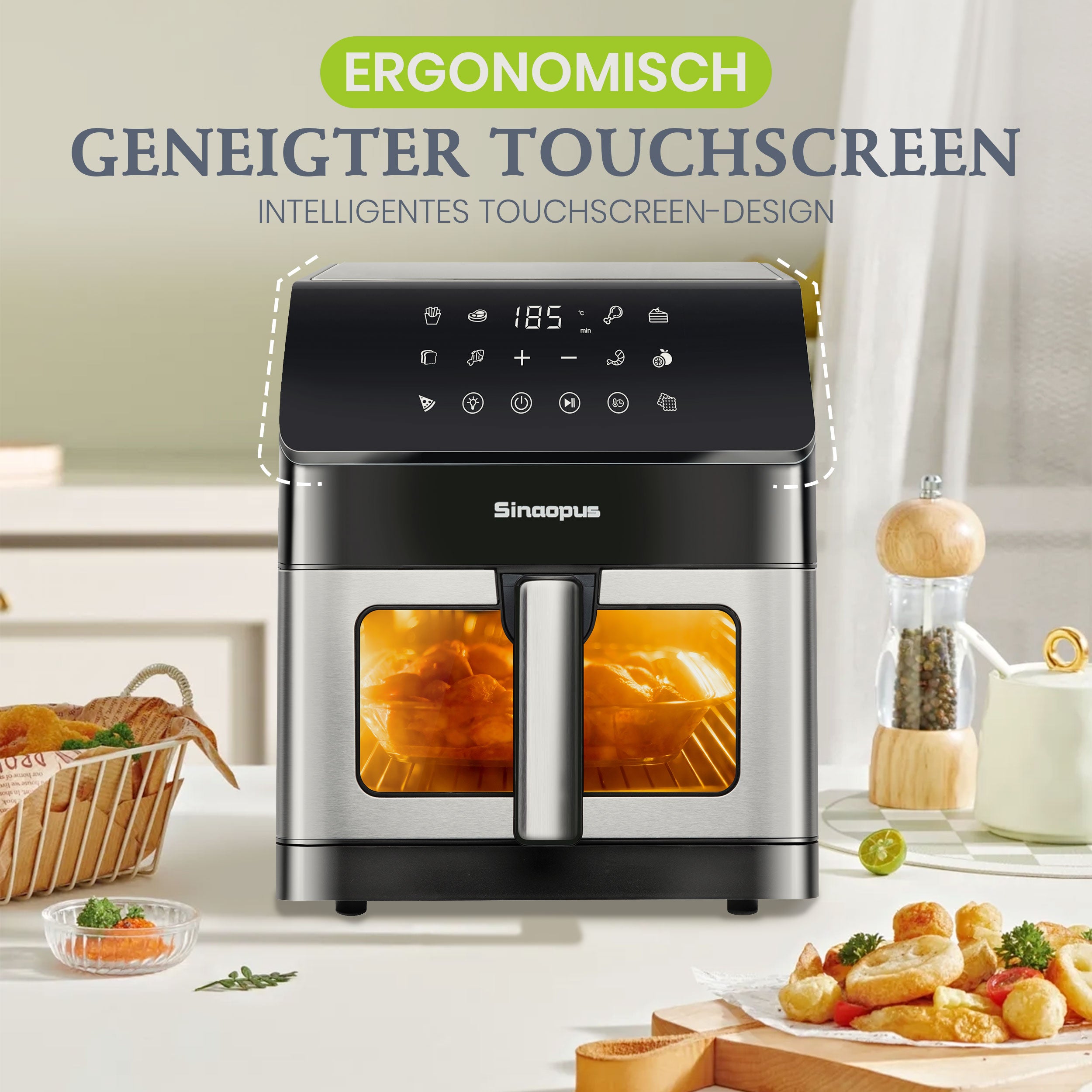 Heißluftfritteuse XL 7L Air Fryer mit Sichtfenster, 10 Programme, LED Touchscreen