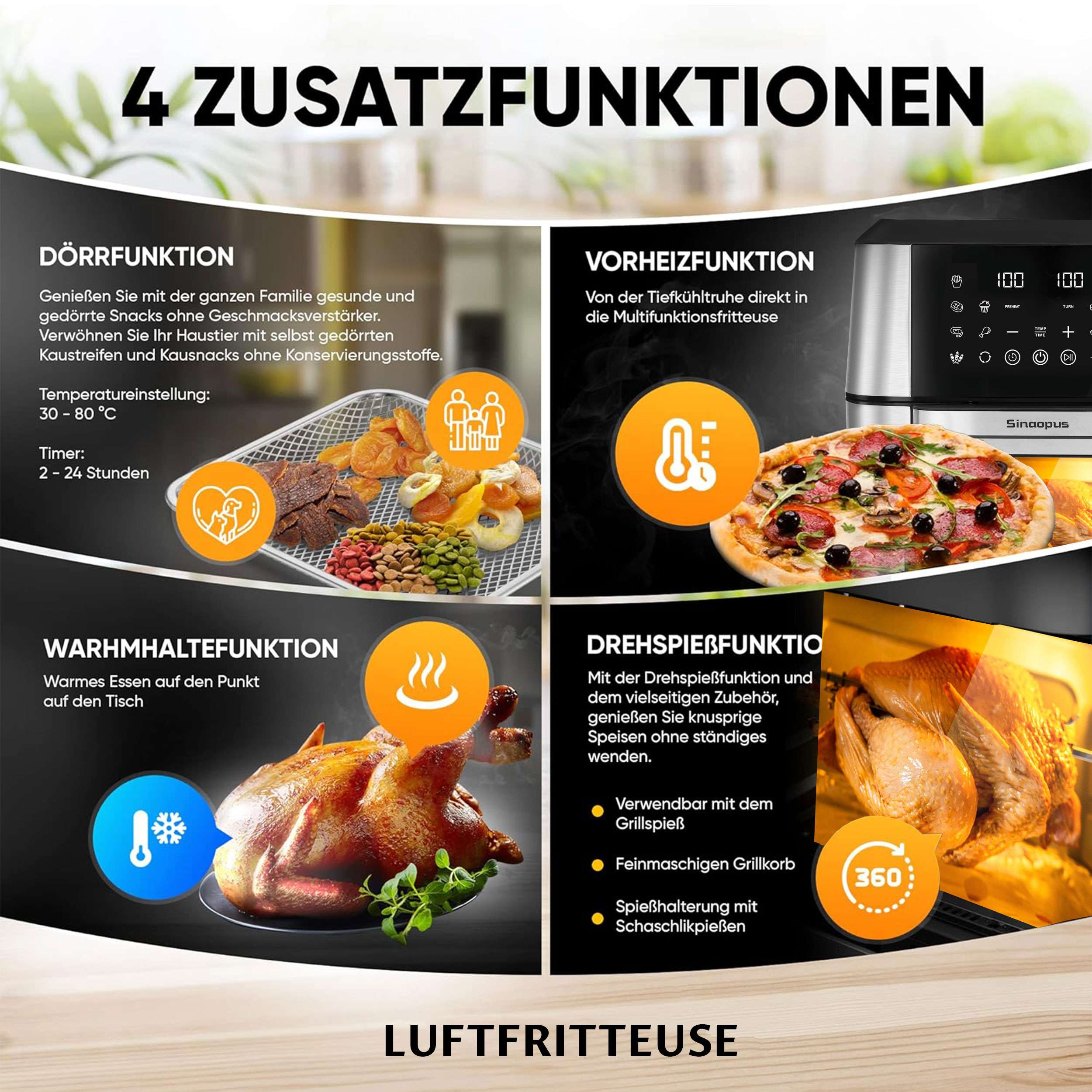 Minibackofen K-1280, Airfryer 12L, XXL Heißluftfritteuse für ganze Familien, Mini Backofen 2000,00 W, 12 Kochprogramme, Gesunde Friteuse ohne Öl