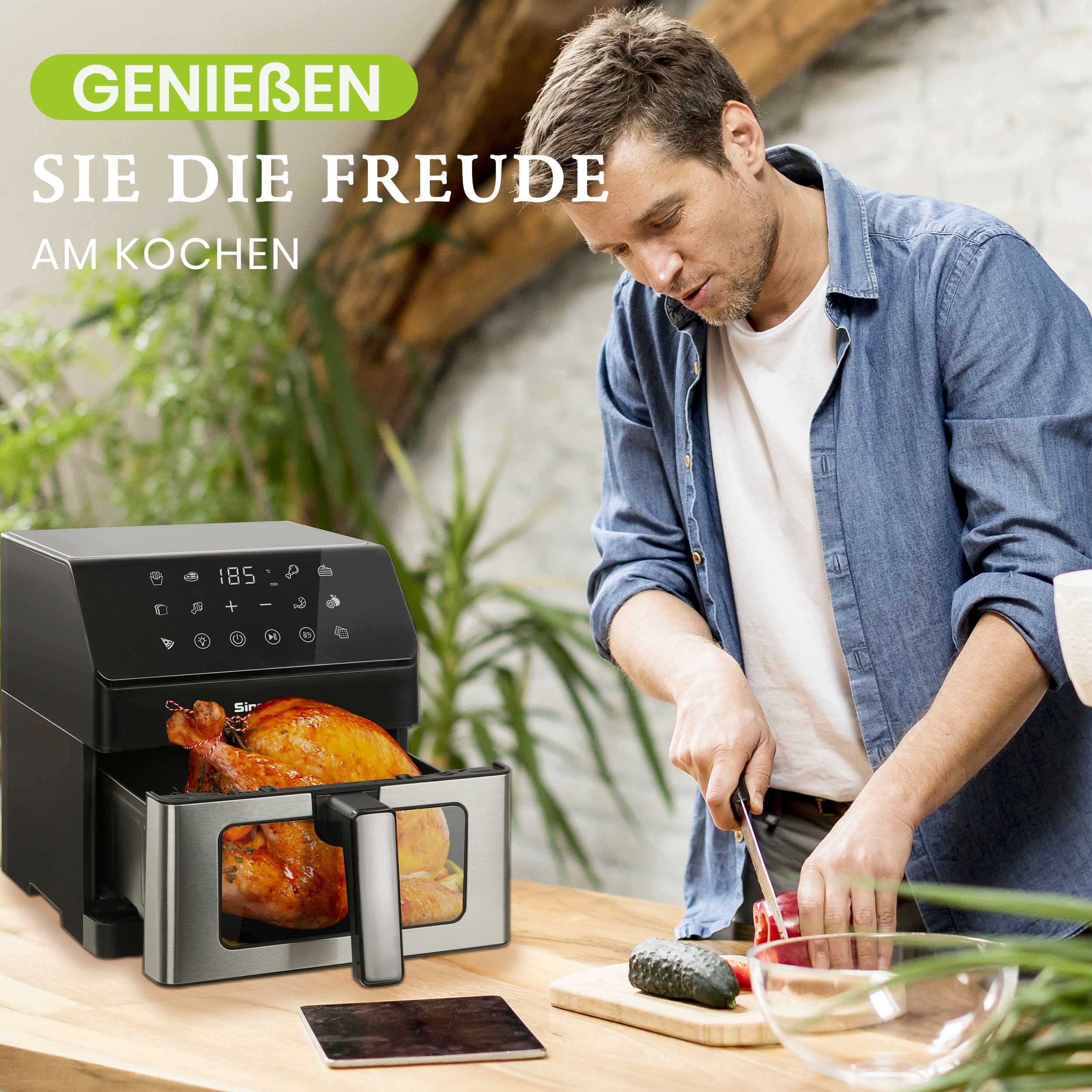 Heißluftfritteuse XL 7L Air Fryer mit Sichtfenster, 10 Programme, LED Touchscreen