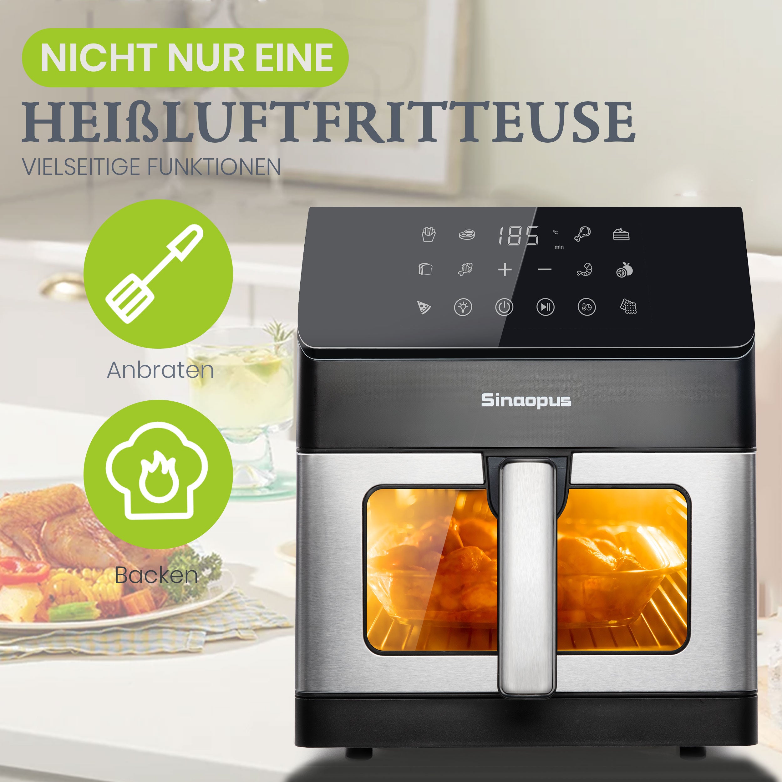 Heißluftfritteuse XL 7L Air Fryer mit Sichtfenster, 10 Programme, LED Touchscreen