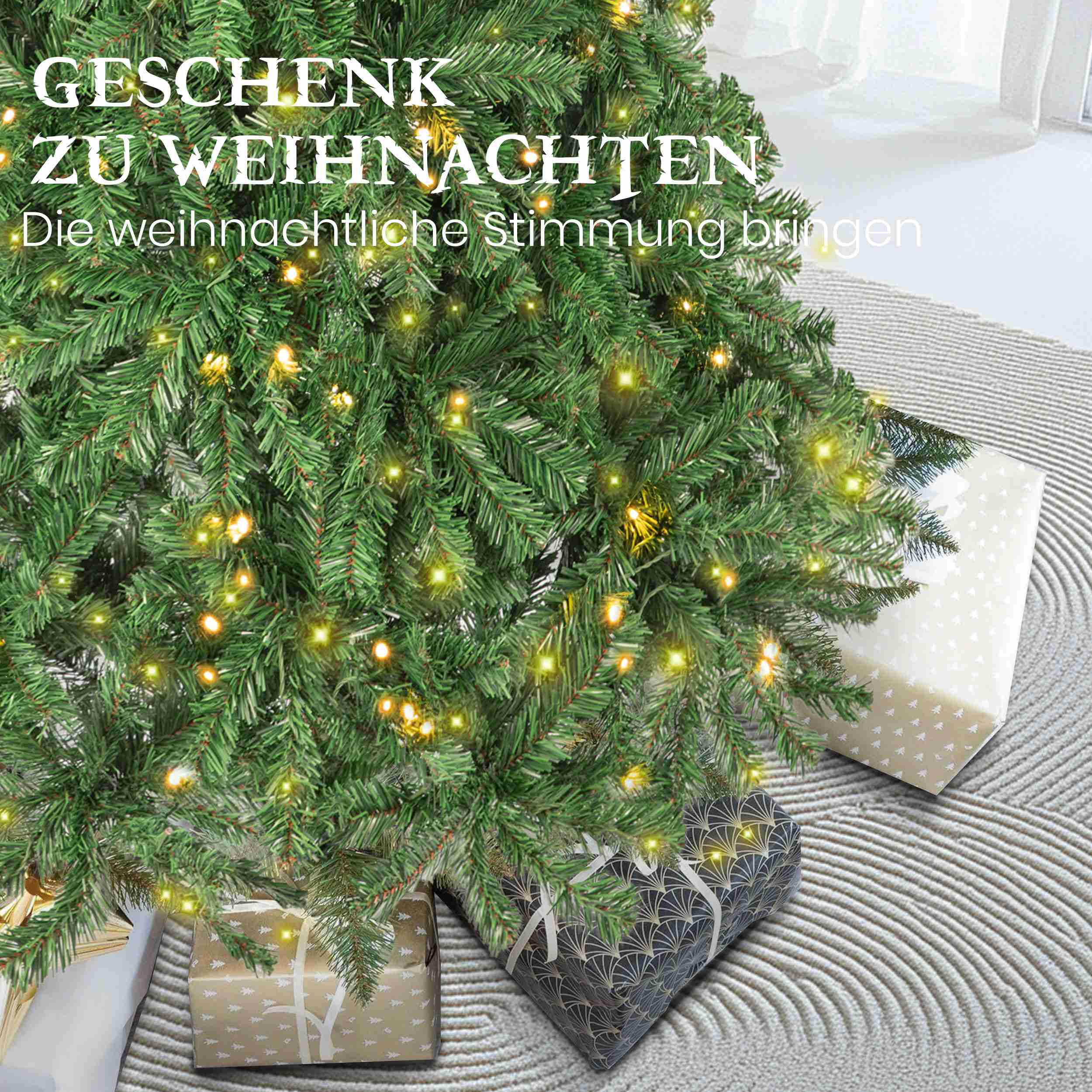 Künstlicher Weihnachtsbaum Tannenbaum mit Beleuchtung, 100% PVC mit 1100 Spitzen, 280 Warm-Weißen LED, 180cm, stabiler Metallständer