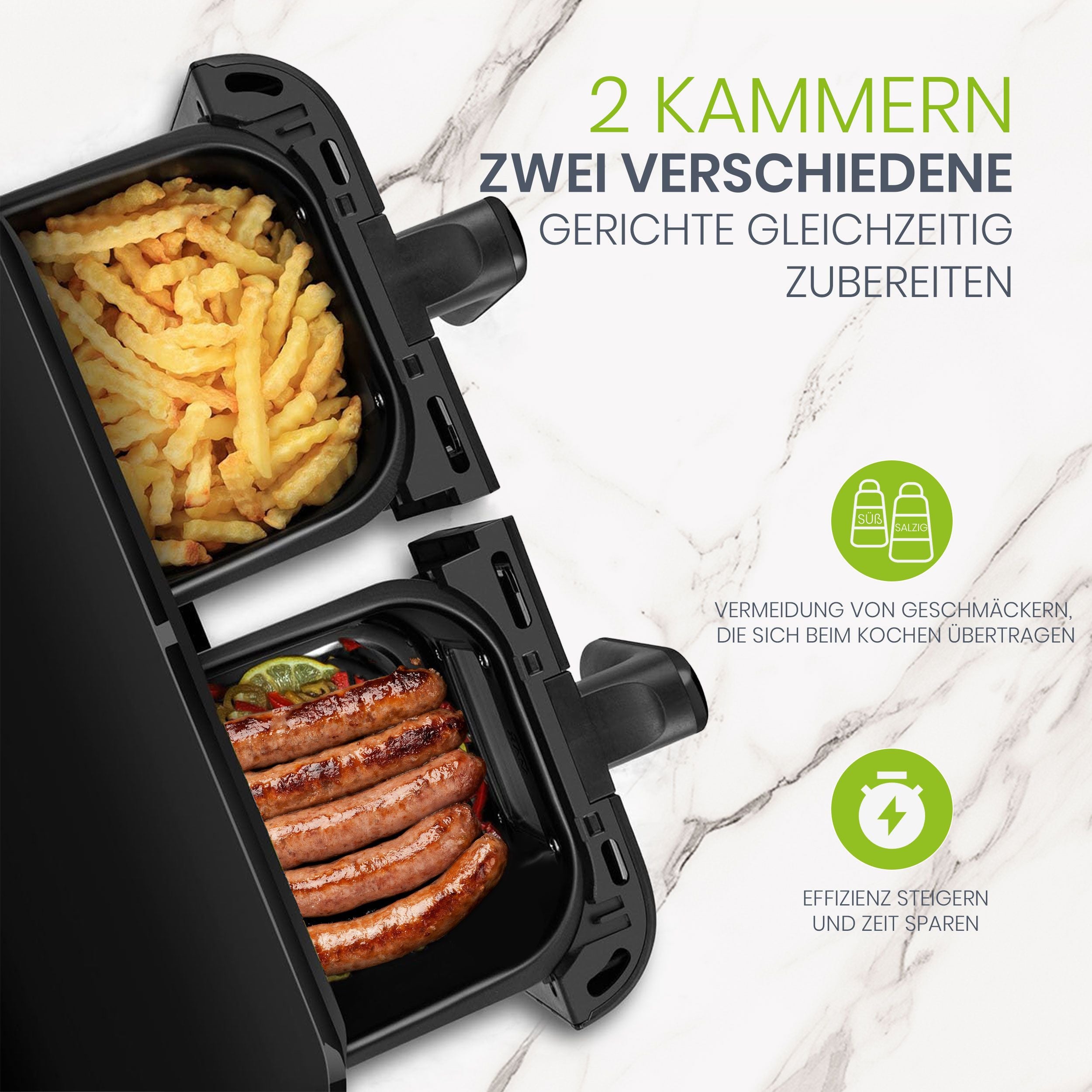 Airfryer 2400W Doppelkorb Heißluftfritteuse, 10L großer Fassungsvermögen, leistungsstark und effizient, ideal für ganze Familie