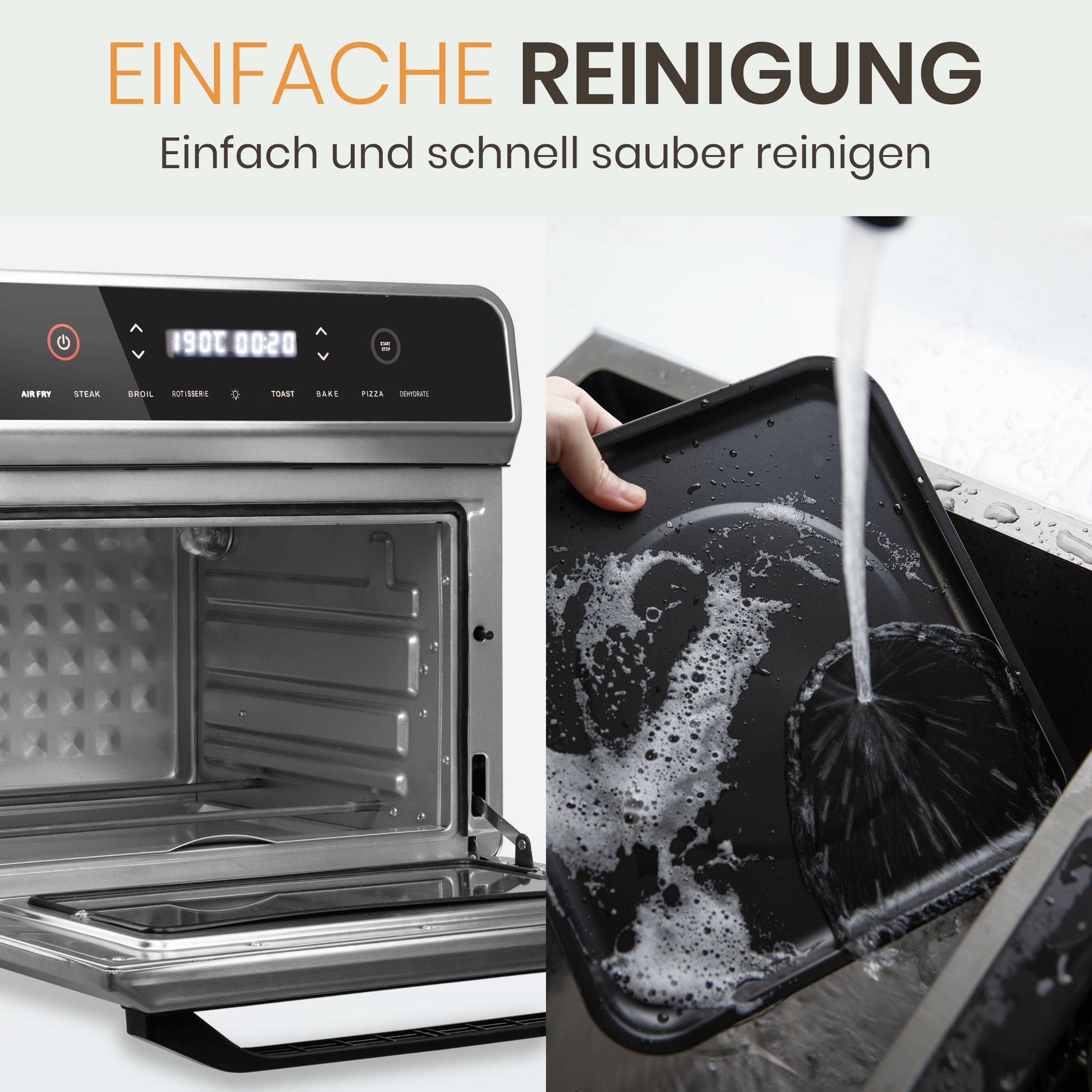 Heißluftfritteuse 02AF Pro Air fryer 21L für 8-10 Personen, LED-Touchscreen mit 8 Kochprogramen, sichtbarer Miniofen