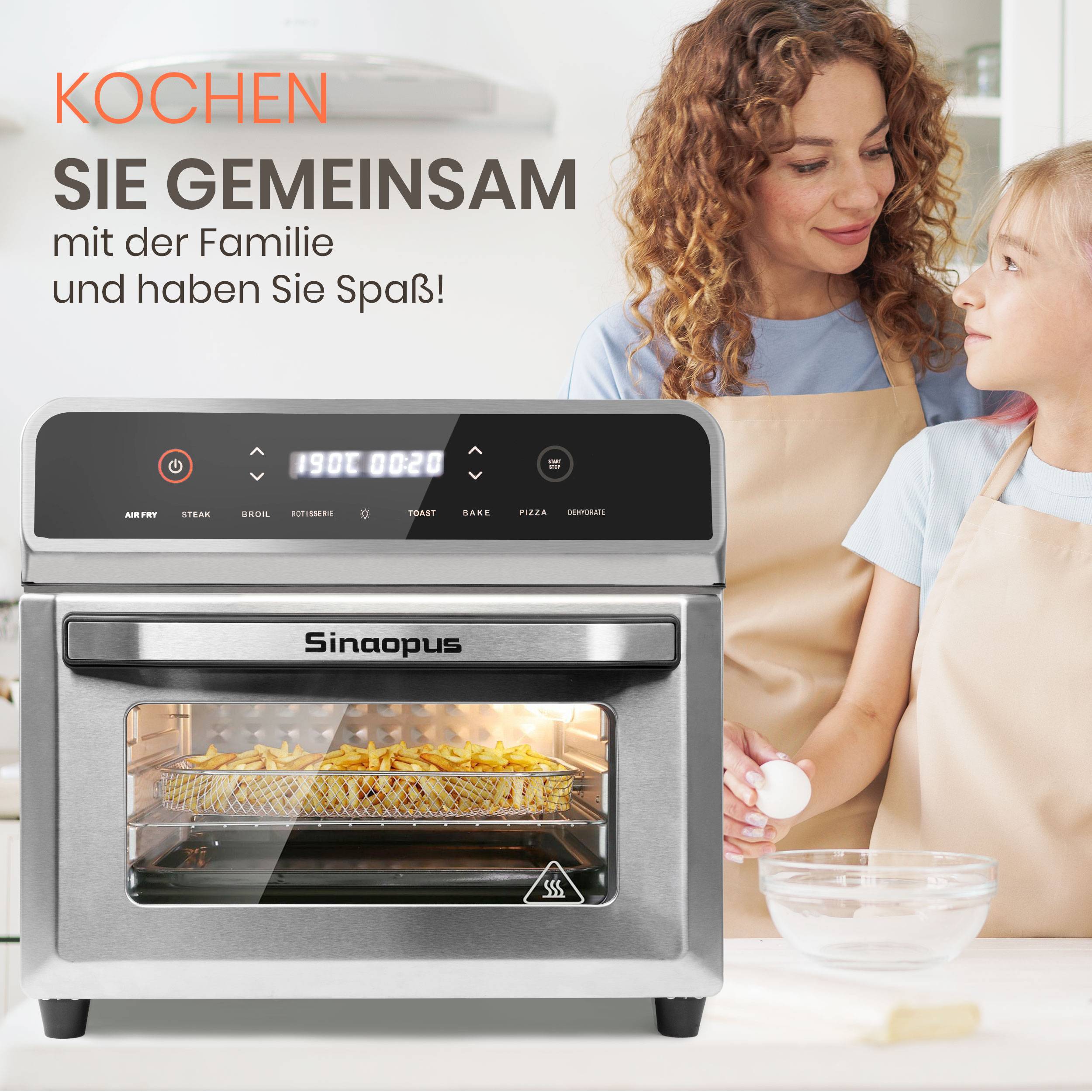 Heißluftfritteuse 02AF Pro Air fryer 21L für 8-10 Personen, LED-Touchscreen mit 8 Kochprogramen, sichtbarer Miniofen