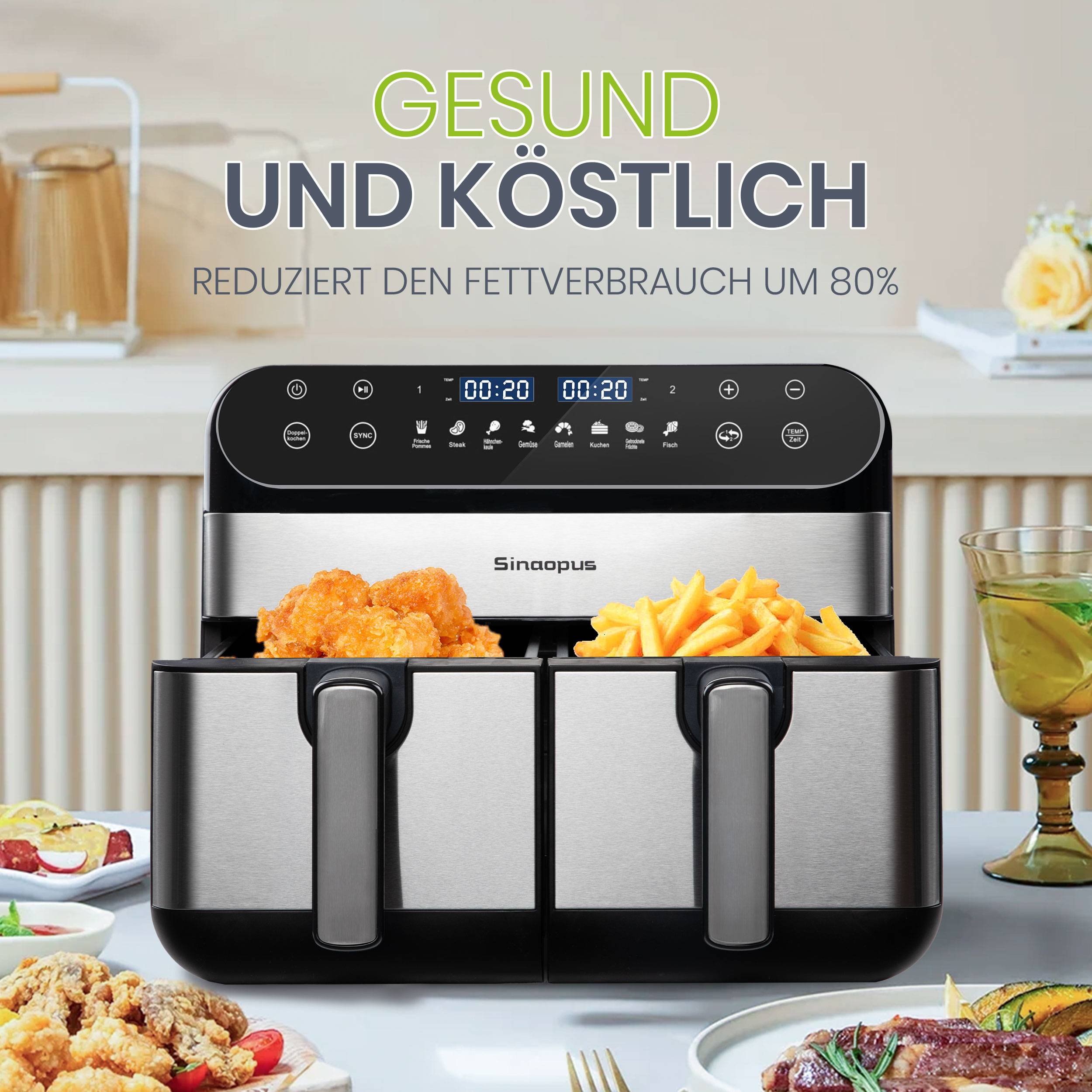 Airfryer 2400W Doppelkorb Heißluftfritteuse, 10L großer Fassungsvermögen, leistungsstark und effizient, ideal für ganze Familie