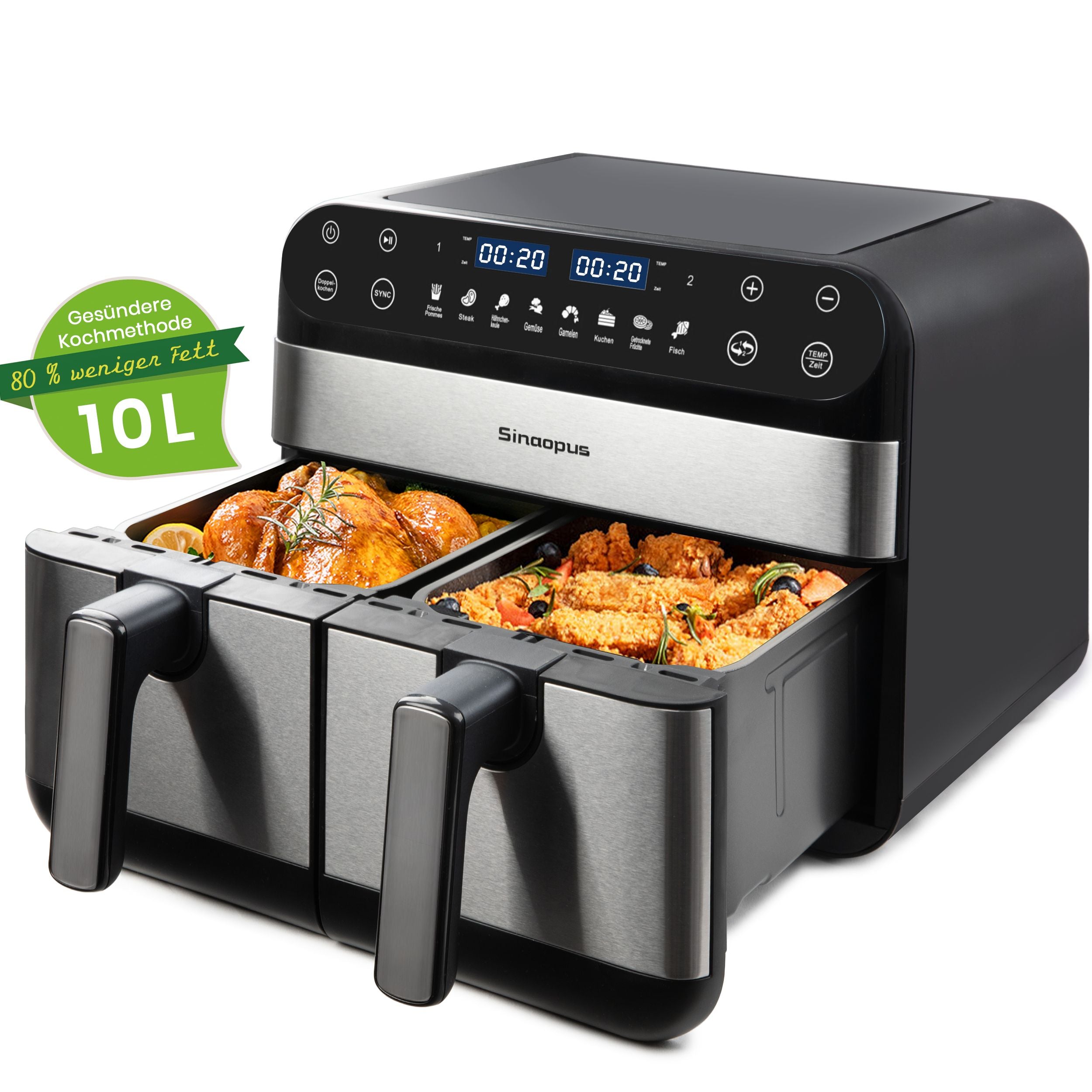 Airfryer 2400W Doppelkorb Heißluftfritteuse, 10L großer Fassungsvermögen, leistungsstark und effizient, ideal für ganze Familie