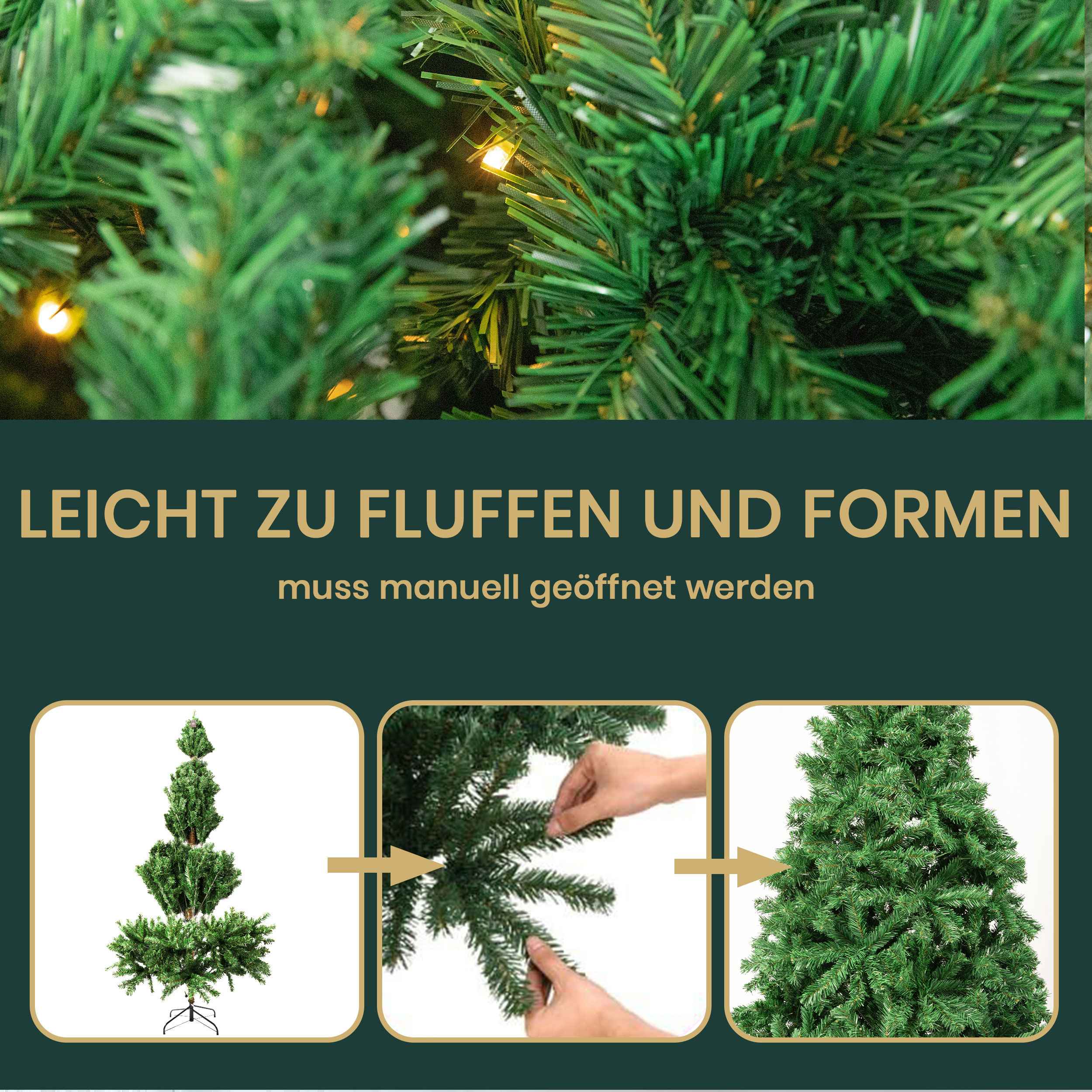 Künstlicher Weihnachtsbaum Tannenbaum mit Beleuchtung, 100% PVC mit 1100 Spitzen, 280 Warm-Weißen LED, 180cm, stabiler Metallständer