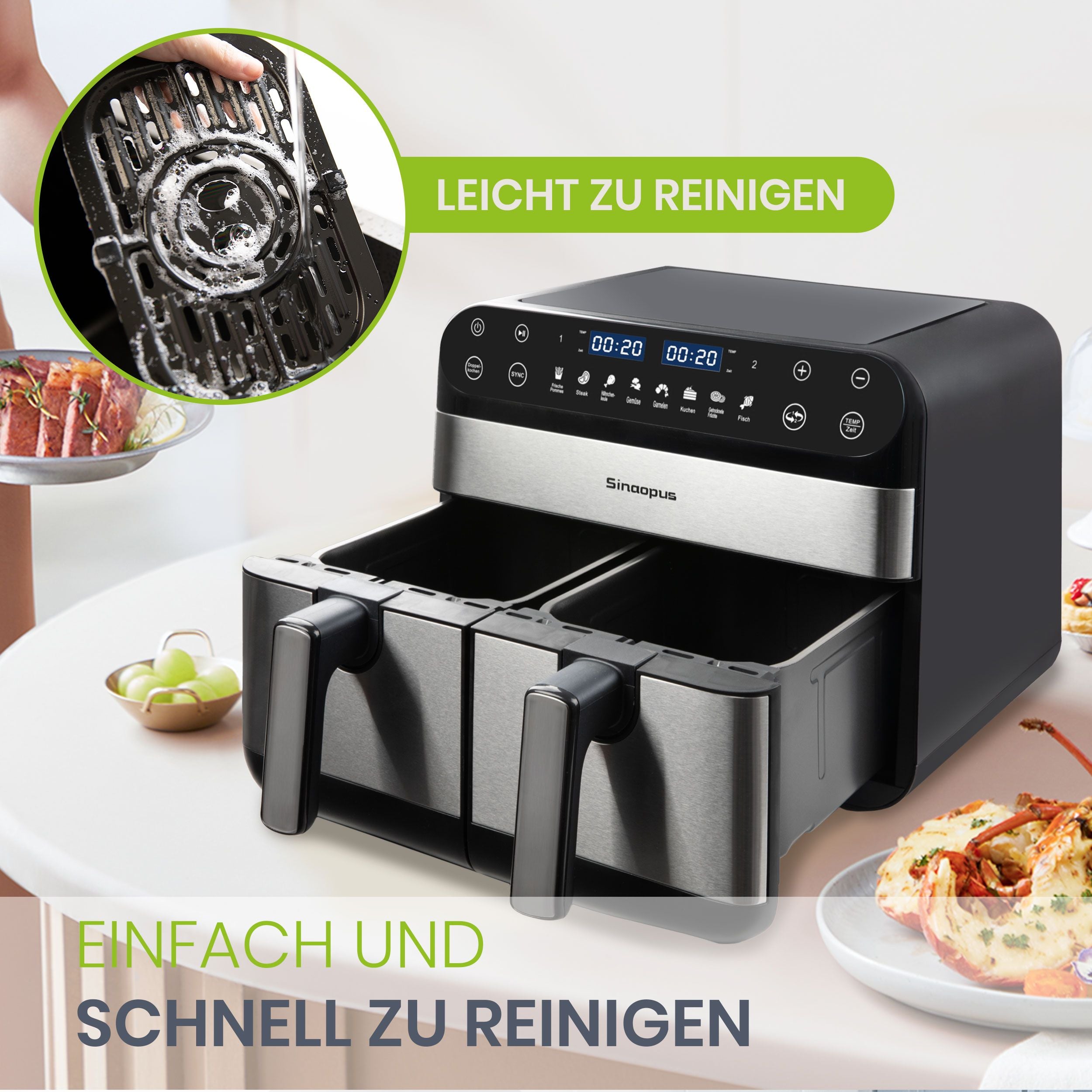 Airfryer 2400W Doppelkorb Heißluftfritteuse, 10L großer Fassungsvermögen, leistungsstark und effizient, ideal für ganze Familie