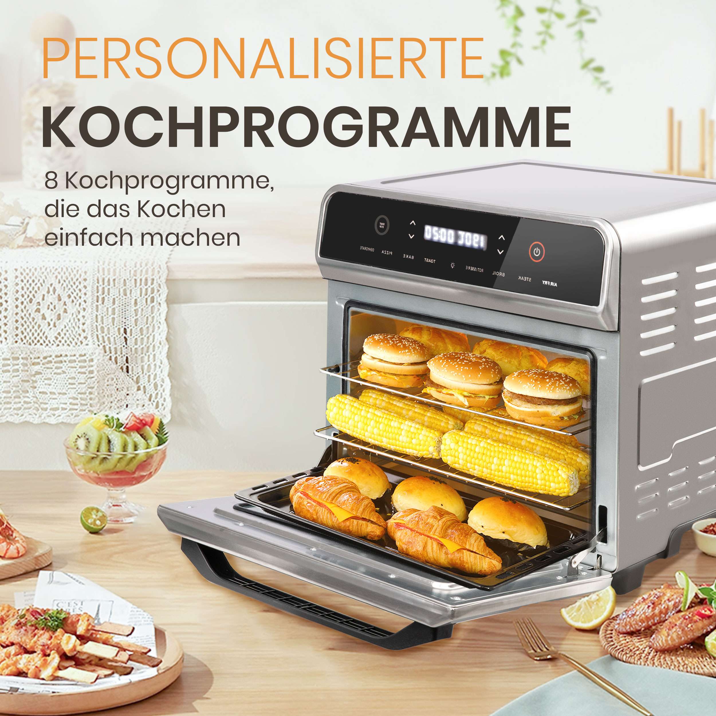 Heißluftfritteuse 02AF Pro Air fryer 21L für 8-10 Personen, LED-Touchscreen mit 8 Kochprogramen, sichtbarer Miniofen