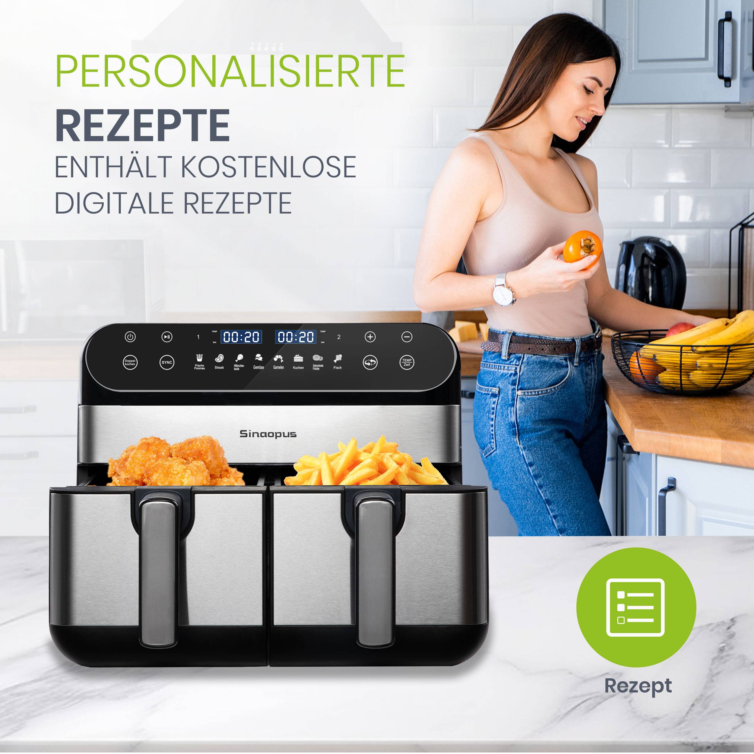 Airfryer 2400W Doppelkorb Heißluftfritteuse, 10L großer Fassungsvermögen, leistungsstark und effizient, ideal für ganze Familie