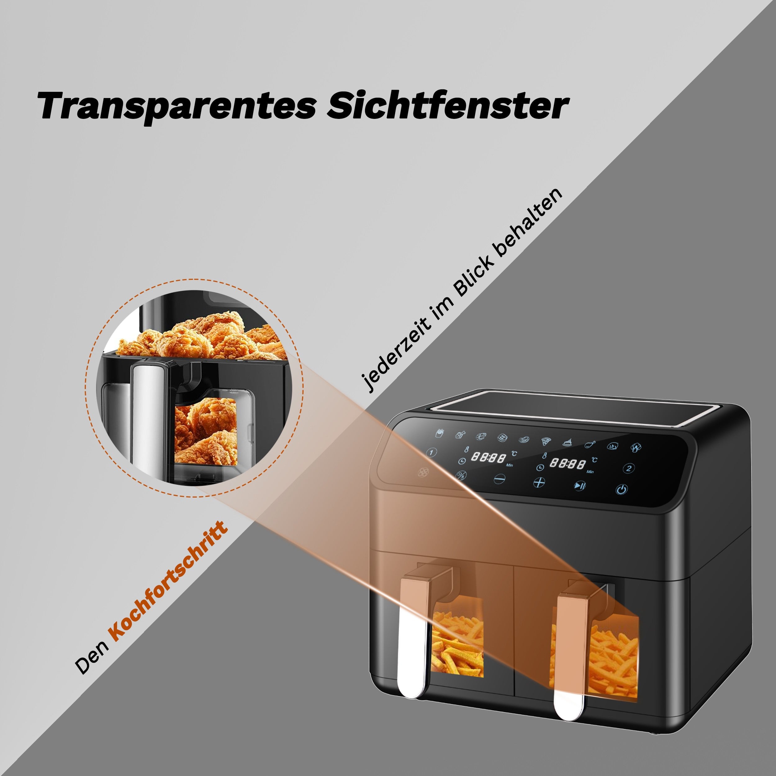 Multifunktionaler Touchscreen Airfryer mit Doppelkorb-Design – 9L XXL Kapazität für vielseitige, effiziente Rezepte!